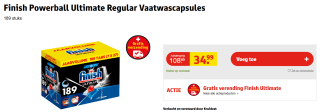 Finish Ultimate All In One Regular Powerball Ultimate - Vaatwastabletten 189 stuks - voor €34,99 bij Kruidvat
