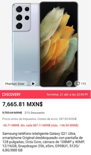 Galaxy S21 Ultra 12GB/128GB a $6,445 en AliExpress