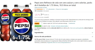 6 Botellas de PEPSI ZERO Refresco de cola sin azúcar botella 1,75 l por 6.24€