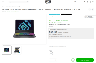 Notebook Gamer da Predator, modelo Helios 300 i7-11800H - R$ 7.199,10
