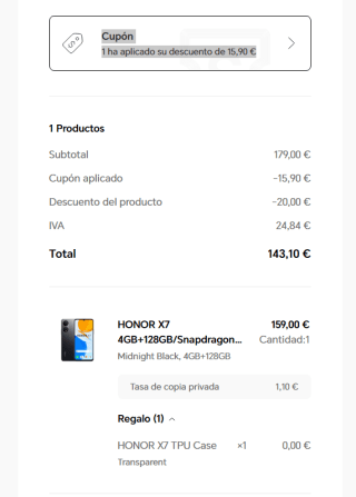 Movíl HONOr x7 de 4GB/128GB por solo 143,10€ con el cupón descrito