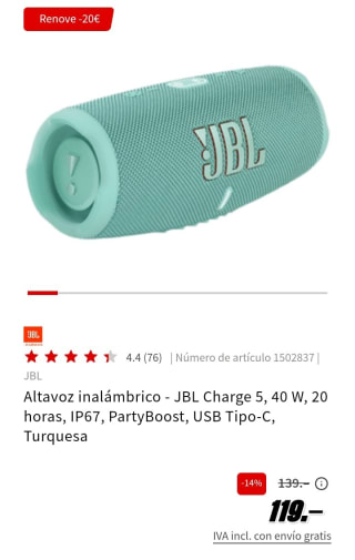 Altavoz JBL 40W por 119€.