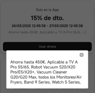 Nuevo cupón 15% descuento App Tienda Xiaomi productos seleccionados