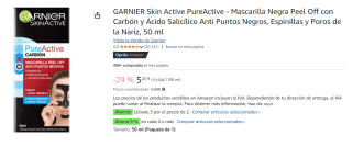 3 Unidades de GARNIER Skin Active PureActive - Mascarilla Negra Peel Off con Carbón y Ácido Salicílico Anti Puntos Negros, Espinillas y Poros de la Nariz, 50 ml por 10.23€