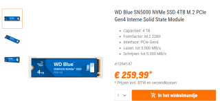 WD Blue SN5000 4TB M.2 SSD voor €259,99 bij NBB
