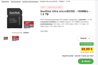 SanDisk Ultra 1.5TB MicroSDXC Geheugenkaart voor €89,99 bij Proshop