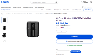Fritadeira Elétrica da Multilaser, modelo Air Fryer de 4,2 Litros - R$ 499,90