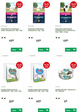 1+1 gratis op kleinverpakkingen van Smølke, Eukanuba of IAMS bij Welkoop
