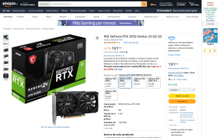 MSI GeForce RTX 3050 Ventus 2X 6G OC por 191,95€
