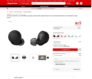 Auricular True Wireless Sony WFC500B Google Assistant por 42,14€