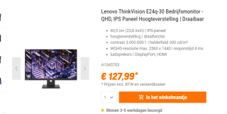 Lenovo ThinkVision E24q-30 computer monitor 60,5 cm (23.8") voor €127,99 bij Nbb
