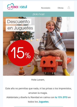 15% descuento en juguetes desde rosa o azul