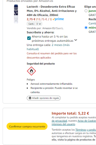 Pack 3 Lactovit Desodorante Extra Eficaz Men, 0% Alcohol, Anti-Irritaciones y 48H de Eficacia, 200ml por 5,22€