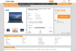 Portátil Asus ZenBook 14 UM425QA-KI252 Ryzen 7 5800H 16GB 512GB 14" FreeDOS por solo 538,95€