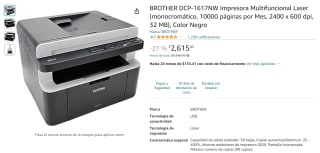 Impresora Brother DCP-1617NW por $2,615 en Amazon