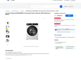 Lavadora Hisense WF3S9043BW3 9 kg Carga Frontal 1400 rpm Wifi Eficiencia A por 346,28€