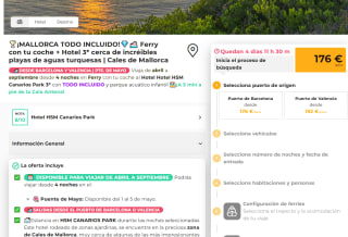 4 noches en Ferry con tu coche al Hotel Hotel HSM Canarios Park 3* contodo incluido  desde 176€ pxp