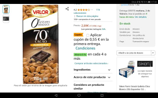 Valor Chocolate Negro 70% con Almendras Mediterráneas Enteras. 0% Azúcares. Por 2,14€