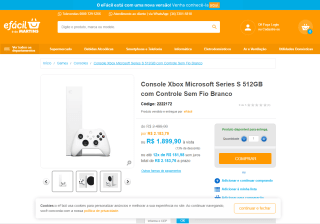 Console da Microsoft, modelo Xbox Series S de 512GB - R$ 1.899,90