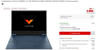 Ordenador Portátil gaming - HP Victus 16-E0094NS, 16.1" FHD, AMD Ryzen™5 5600H, 16GB RAM, 512GB SSD, RTX3050Ti, FreeDos por 699€