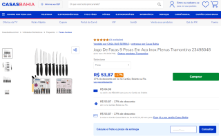 Jogo De Facas da Tramontina com 9 peças em aço inox, modelo Plenus - R$ 53,87