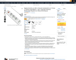 Regleta Enchufes con USB C Protección sobretensión con 3 Tomas y 3 USB Carga Rápida y 1 Tipo C 2 metros por 13,39€