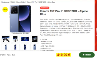 Xiaomi 13T Pro, 12GB ram, 512GB opslag Blauw voor €419 bij Proshop