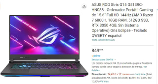 Portátil gaming ASUS ROG Strix G15 G513RC-HN088con AMD Ryzen 7 6800H de 16GB/512GB SSD por 849€