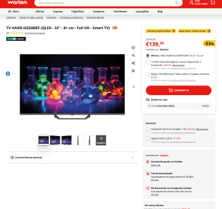 TV HAIER H32S80EF QLED 32 81cm Full HD Smart TV a solo 139,99€