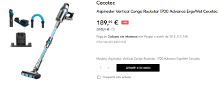 Aspirador vertical sin cables 4 en 1 con motor digital Conga RockStar 1700 Advance ErgoWet por 189€