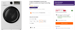 Lavadora de Carga Frontal 9Kg B Origial ORIWM9BW Prowash 9 KG Inverter por 259.99€