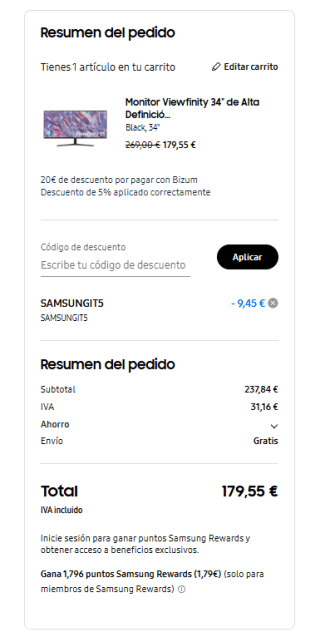 Monitor Samsung Viewfinity S5 LS34C500GAUXEN, 34", UWQHD, 5ms, 100Hz por 179,55€