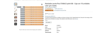 Rotulador punta fina STABILO point 88 - Caja con 10 unidades color gris medio por 1,25€