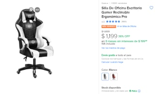 Silla de Oficina Escritorio Gamer Pro por $1,199 en Mercado Libre