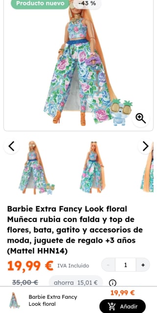 Barbie Extra Fancy Look floral Muñeca rubia con falda y top de flores por 19,99€.