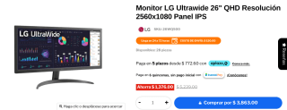Monitor LG Ultrawide 26" QHD a $3,863 en FullOffice