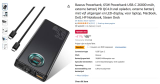Baseus 65W Powerbank USB-C 26800 mAh voor €26,99 bij Amazon