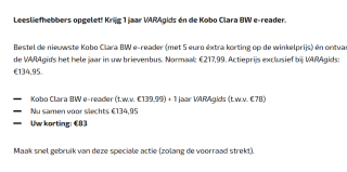 1 jaar VARAgids én de Kobo Clara BW e-reader voor €134,95