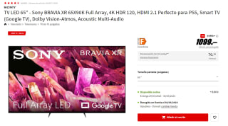Television LED 65" - Sony BRAVIA XR 65X90K Full Array, 4K HDR 120, HDMI 2.1 Perfecto para PS5, Smart TV (Google TV), Dolby Vision-Atmos, Acoustic Multi-Audio por 1099€