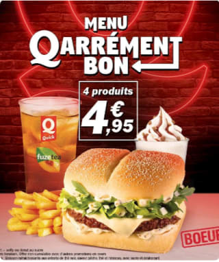 Menu Quick : Burger au bœuf + Frites + Boissons + Dessert à 4,95€