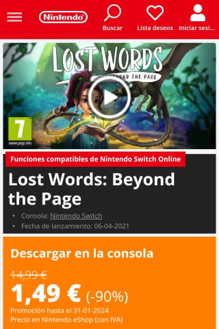 Lost Words: Beyond the Page Nintendo Switch por 1,49€.