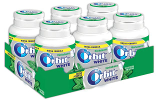 Pack 6×46 unidades ORBIT White chicles de hierbabuena sin azúcar por 6,31€.