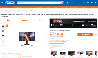 Monitor Gamer da LG, modelo UltraGear de 27 polegadas - R$ 1.299,99