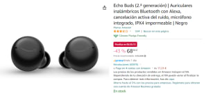 Amazon Echo Buds (2.ª generación) Cancelación del Ruido y Alexa por 69.99€