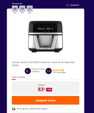 Cecotec Cecofry Dual 9000 Freidora sin Aceite 9L de Capacidad 2850W por 83€