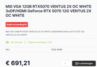 MSI GeForce RTX 5070 12G VENTUS 2X OC WHITE Videokaart voor €691,21 bij Caps