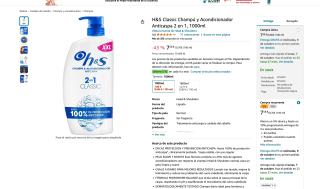 H&S Classic Champú y Acondicionador Anticaspa 2 en 1 1000ml por 7,98€