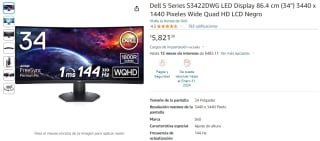 Monitor Dell S Series LED 34" por $5,821 en Amazon