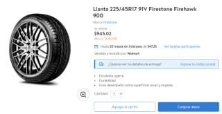 Llanta 225/45R17 Firestone a $945 en Walmart