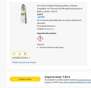 4 botes CIF Crema Original Multisuperficies para el Baño y Cocina, 750 ml por 7,95€